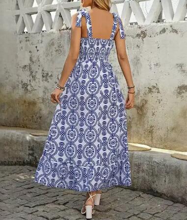 Miss Sparkling Mediterranean Print Tie Strap Maxi Dress