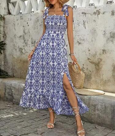 Miss Sparkling Mediterranean Print Tie Strap Maxi Dress