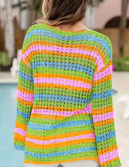 Miss Sparkling Rainbow Stripe Crochet Knit Sweater