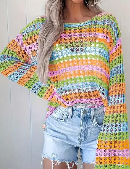 Miss Sparkling Rainbow Stripe Crochet Knit Sweater
