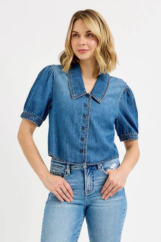 RISEN Button Down Puff Sleeve Crop Denim Shirt - Rosa Apparel
