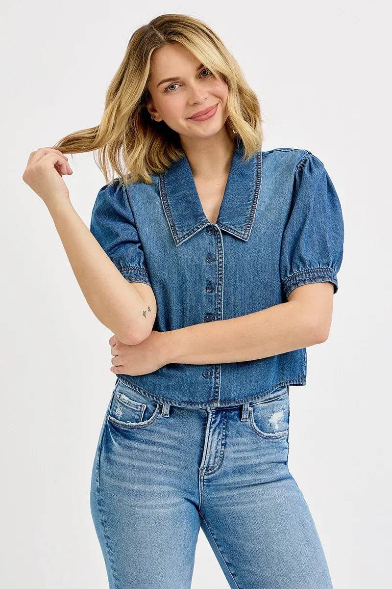 RISEN Button Down Puff Sleeve Crop Denim Shirt - Rosa Apparel