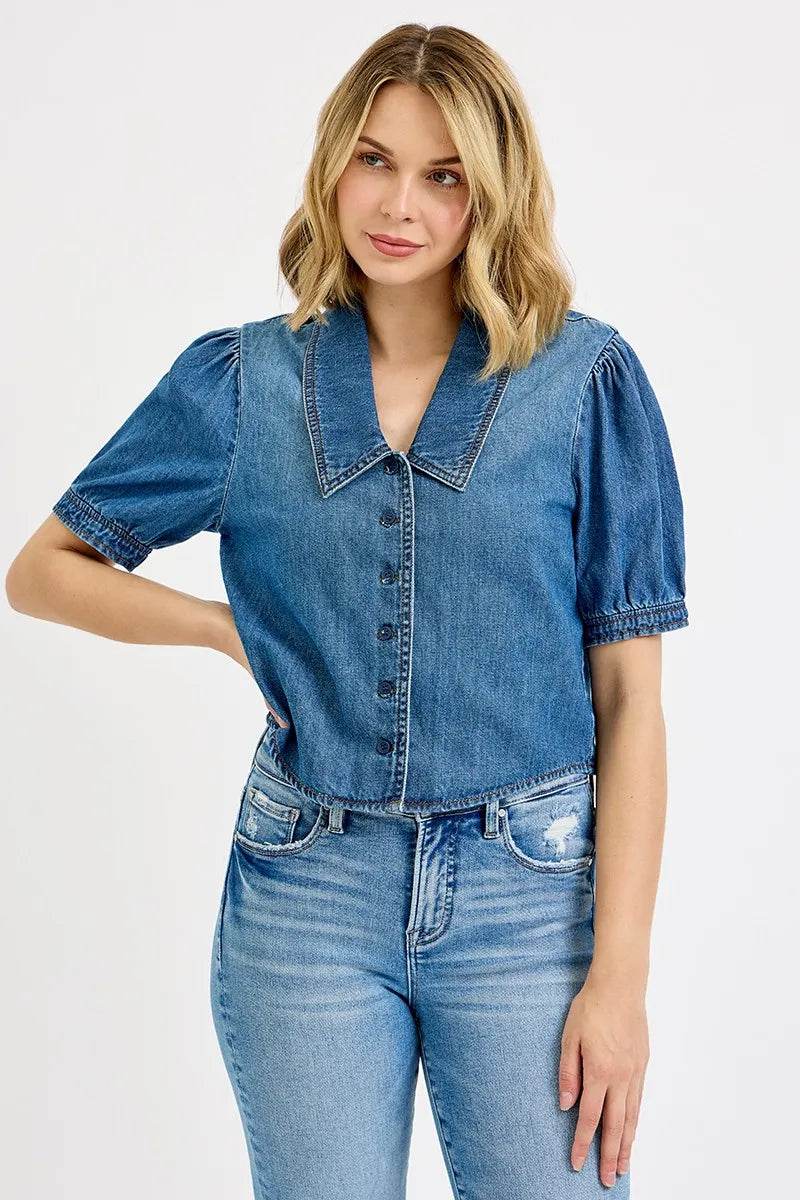 RISEN Button Down Puff Sleeve Crop Denim Shirt - Rosa Apparel