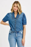 RISEN Button Down Puff Sleeve Crop Denim Shirt - Rosa Apparel