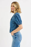 RISEN Button Down Puff Sleeve Crop Denim Shirt - Rosa Apparel