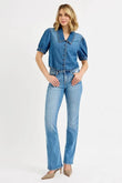 RISEN Button Down Puff Sleeve Crop Denim Shirt - Rosa Apparel