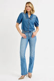 RISEN Button Down Puff Sleeve Crop Denim Shirt - Rosa Apparel