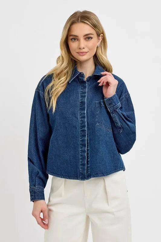 RISEN Button Up Long Sleeve Denim Shacket - Rosa Apparel