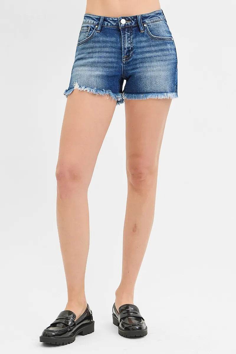 RISEN Full Size Low Rise Frayed Denim Shorts Plus Size - Rosa Apparel