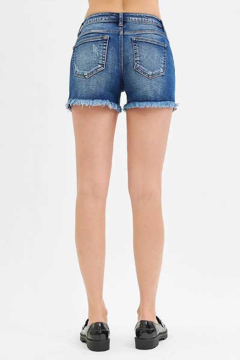 RISEN Full Size Low Rise Frayed Denim Shorts Plus Size - Rosa Apparel