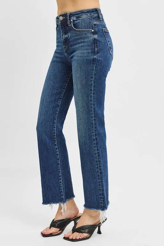 RISEN Full Size Tummy Control High Rise Crop Straight Raw Cut Hem Jeans Plus Size - Rosa Apparel
