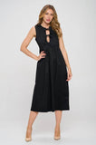 Renee C. Cutout Cotton Sleeveless Round Neck Front Tie Midi Dress - Rosa Apparel