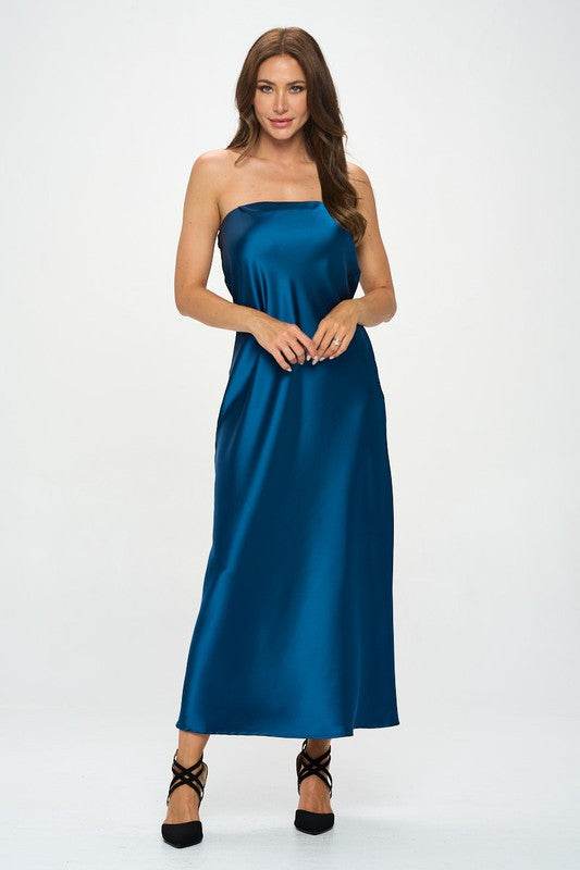 Renee C. Silky Satin Tube Draped Maxi Dress - Rosa Apparel Renee C. Silky Satin Tube Draped Maxi Dress - Rosa Apparel