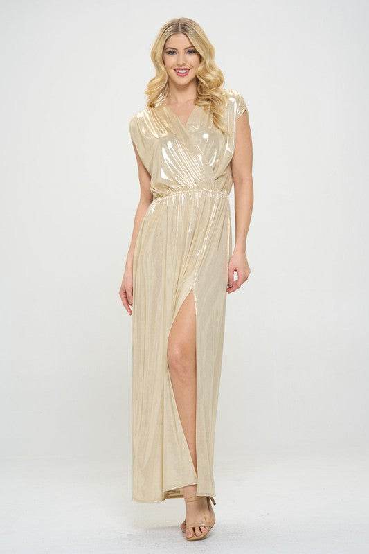 Renee C. Sleeveless Metallic Maxi Dress Sand - Rosa Apparel