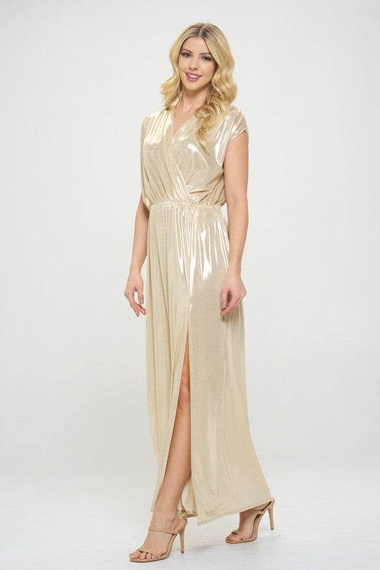 Renee C. Sleeveless Metallic Maxi Dress Sand - Rosa Apparel