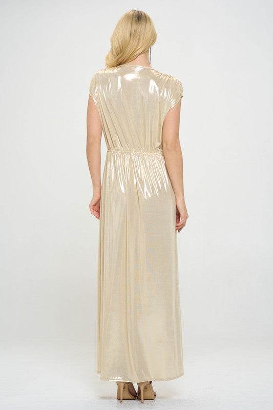 Renee C. Sleeveless Metallic Maxi Dress Sand - Rosa Apparel
