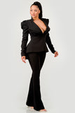 Ruched Shoulder Wide Collar Pant Set