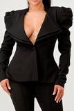 Ruched Shoulder Wide Collar Pant Set