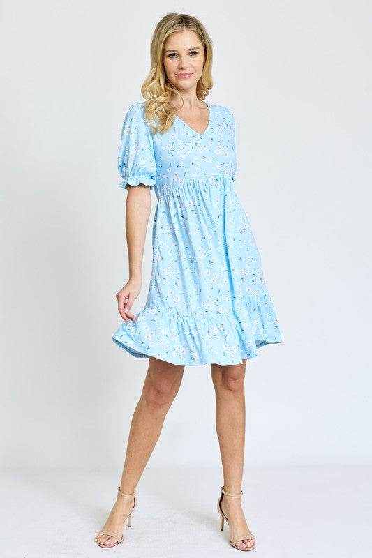 Ruffle Floral V-Neck Short Sleeves Midi Dress by EG Fashion - Rosa Apparel