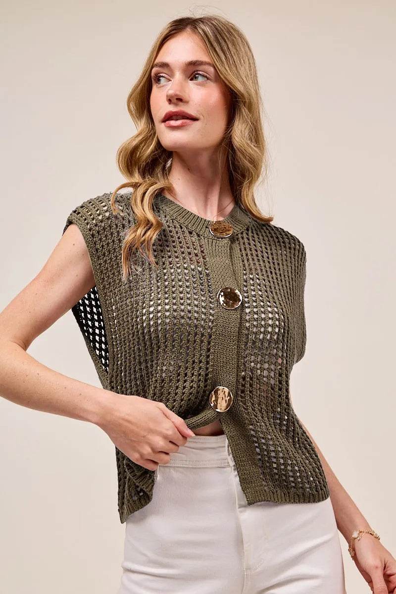 SO ME Big Metal Button Front Openwork Sweater Vest - Rosa Apparel