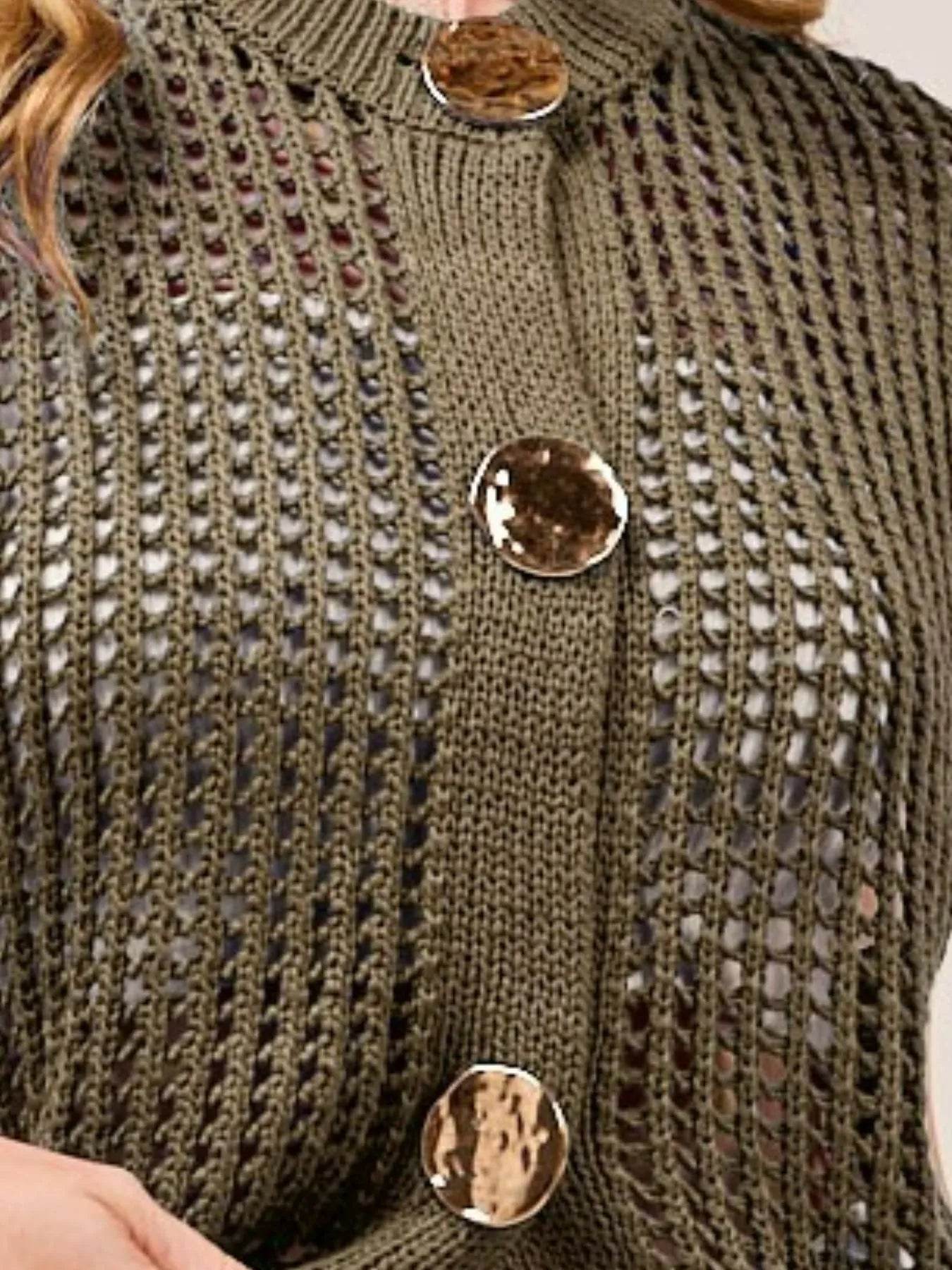SO ME Big Metal Button Front Openwork Sweater Vest - Rosa Apparel