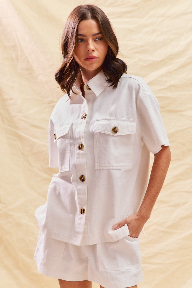 women's dress shorts SO ME Denim Matching Set Shirt & Shorts Women – Rosa Apparel OFF White / S
