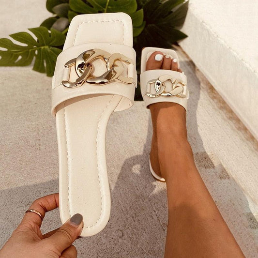 STEVVEX Gold Chain Square Toe Flat Slide Sandals ST85SH1104OIP