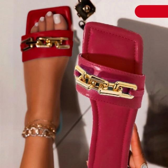 STEVVEX Gold Chain Square Toe Flat Slide Sandals ST85SH1104OIP