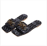 STEVVEX Gold Chain Square Toe Flat Slide Sandals ST85SH1104OIP