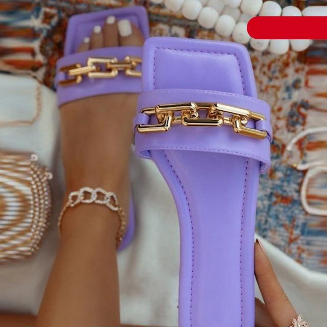 STEVVEX Gold Chain Square Toe Flat Slide Sandals ST85SH1104OIP
