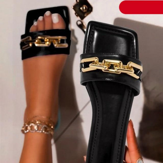 STEVVEX Gold Chain Square Toe Flat Slide Sandals ST85SH1104OIP