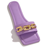 STEVVEX Gold Chain Square Toe Flat Slide Sandals ST85SH1104OIP