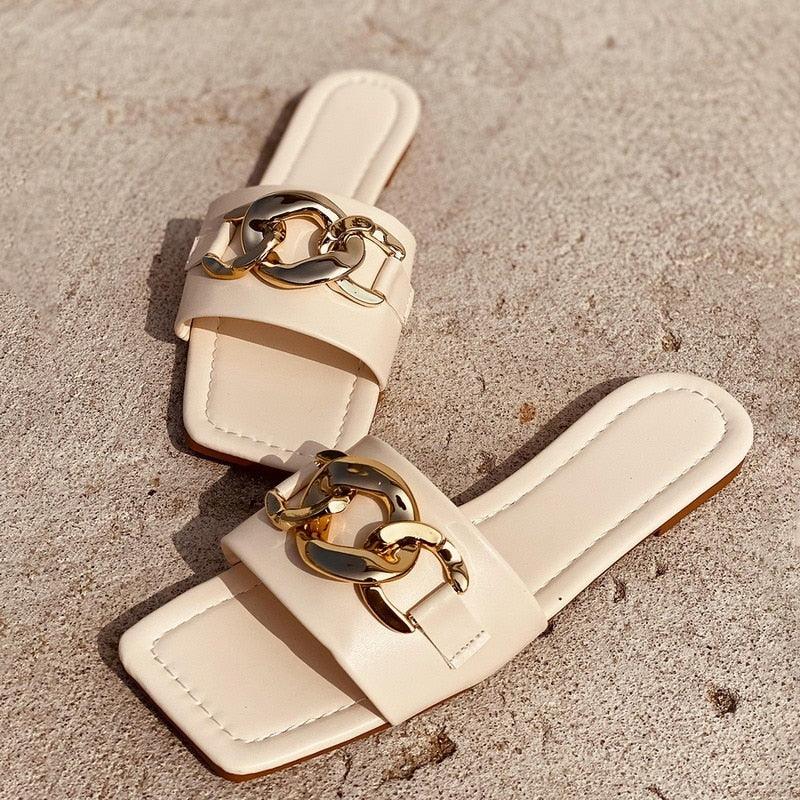 STEVVEX Gold Chain Square Toe Flat Slide Sandals ST85SH1104OIP