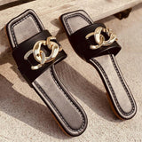 STEVVEX Gold Chain Square Toe Flat Slide Sandals ST85SH1104OIP
