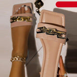 STEVVEX Gold Chain Square Toe Flat Slide Sandals ST85SH1104OIP
