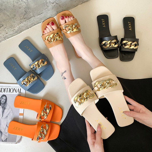 STEVVEX Gold Chain Square Toe Slide Sandals ST85SH2228RGI
