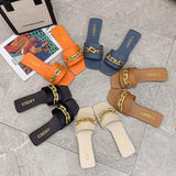 STEVVEX Gold Chain Square Toe Slide Sandals ST85SH2228RGI