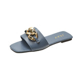 STEVVEX Gold Chain Square Toe Slide Sandals ST85SH2228RGI