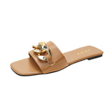 STEVVEX Gold Chain Square Toe Slide Sandals ST85SH2228RGI