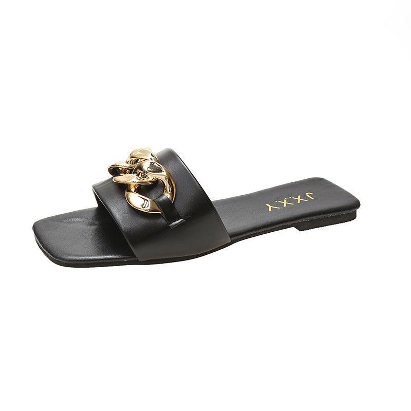 STEVVEX Gold Chain Square Toe Slide Sandals ST85SH2228RGI