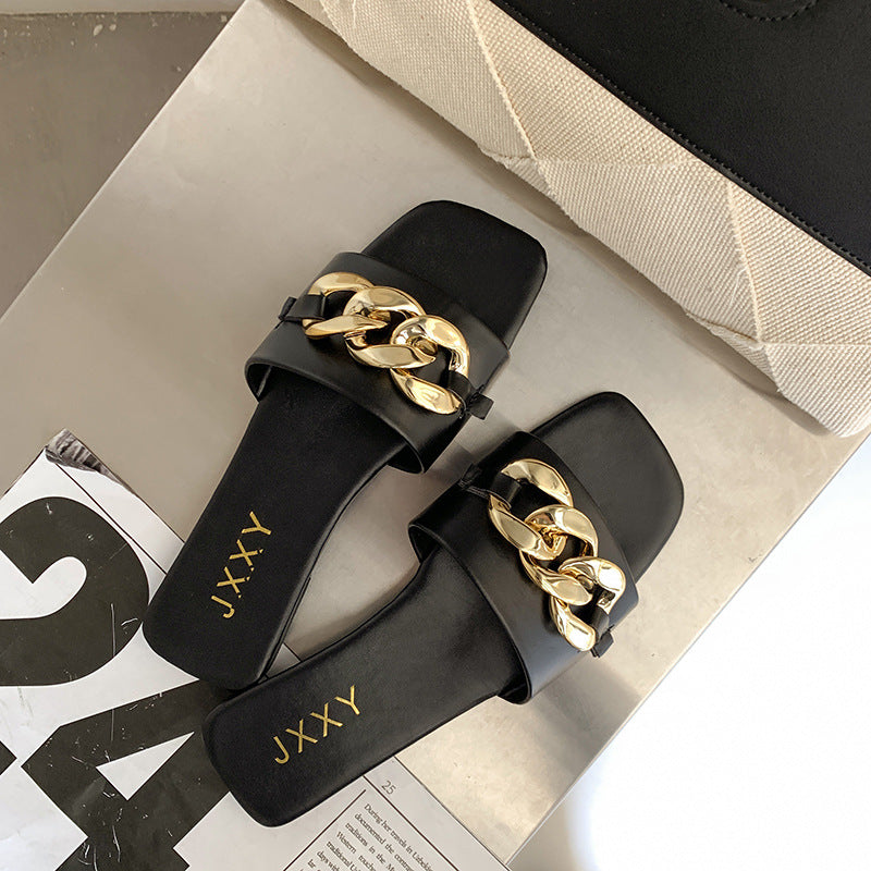 STEVVEX Gold Chain Square Toe Slide Sandals ST85SH2228RGI