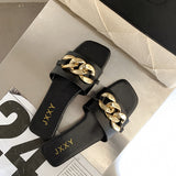 STEVVEX Gold Chain Square Toe Slide Sandals ST85SH2228RGI