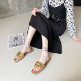 STEVVEX Gold Chain Square Toe Slide Sandals ST85SH2228RGI