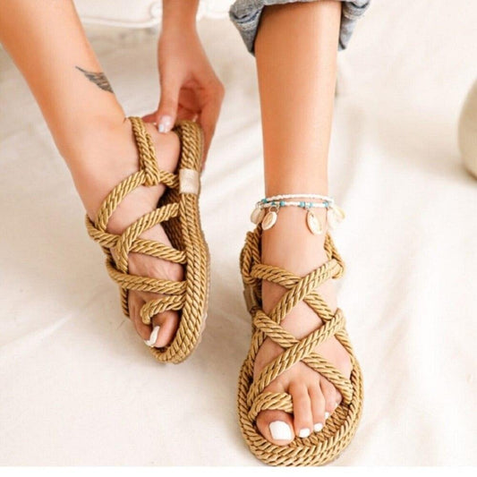 STEVVEX Women’s Braided Cross-Tied Beach Sandals ST85SH1245CRP