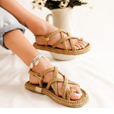STEVVEX Women’s Braided Cross-Tied Beach Sandals ST85SH1245CRP
