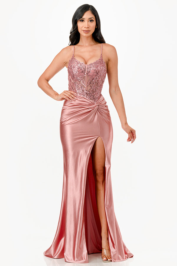 Sequin lace satin front twist long dress