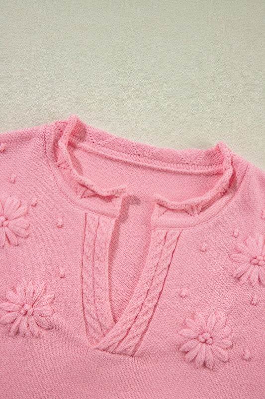 Shewin Flower Pattern Knitted Notched Neck Sweater - Rosa Apparel