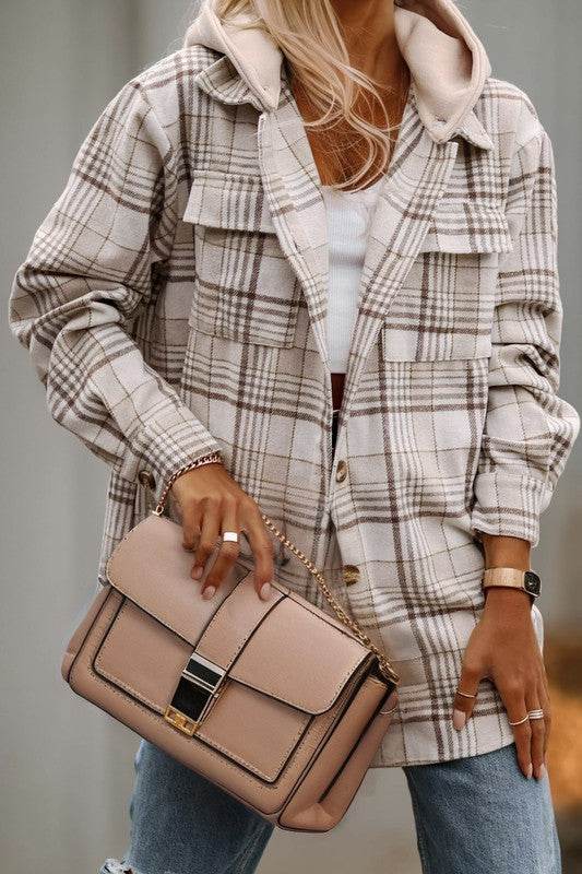 Shewin Plaid Removable Hood Buttoned Shacket - Rosa Apparel