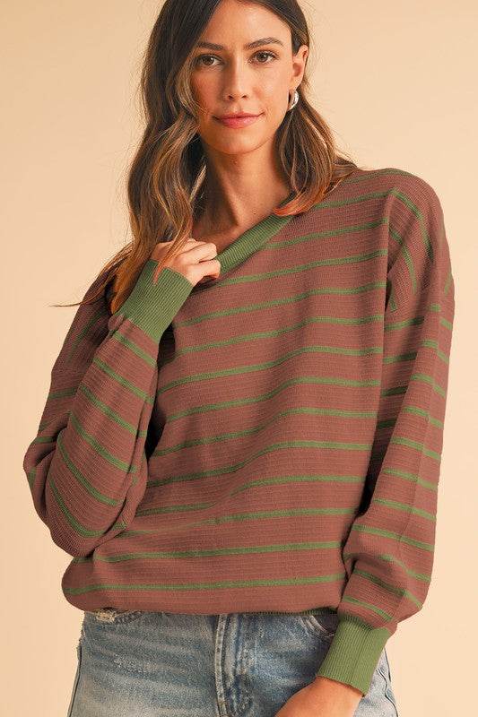 Shewin Stripe Round Neck Drop Shoulder Loose Sweater - Rosa Apparel