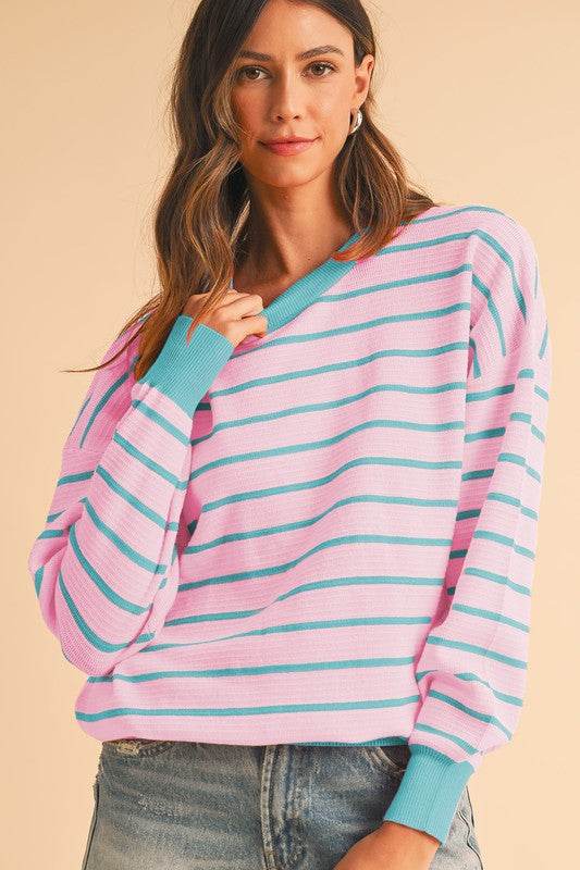 Shewin Stripe Round Neck Drop Shoulder Loose Sweater - Rosa Apparel